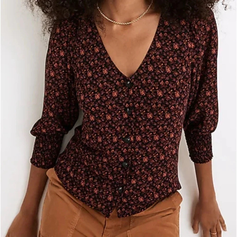 Madewell | Orchard Floral (Re)sourced Georgette Smocked-Cuff Button-Front Top